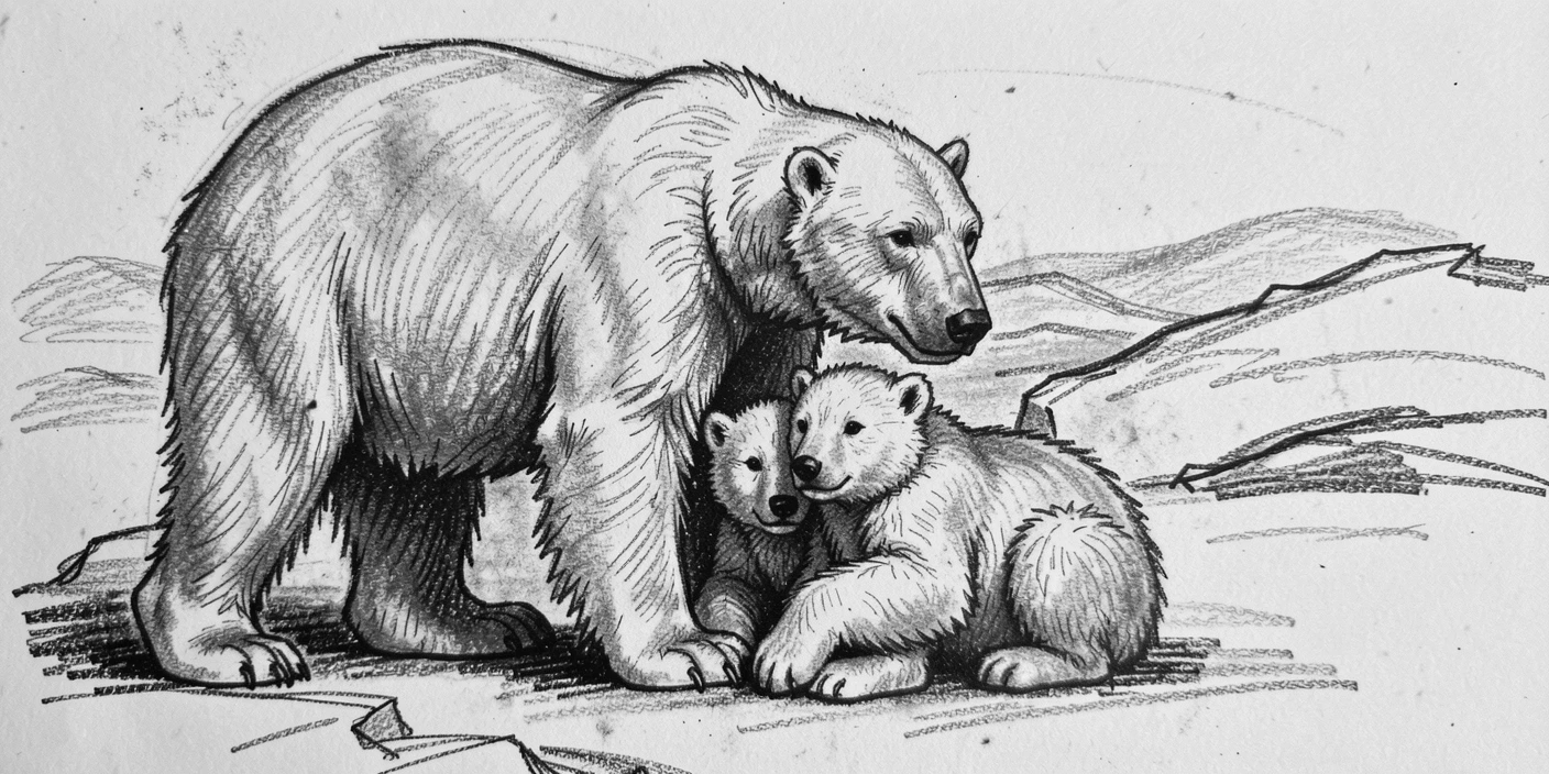 A polar bear and her cubs gathered together as a family in their natural habitat.