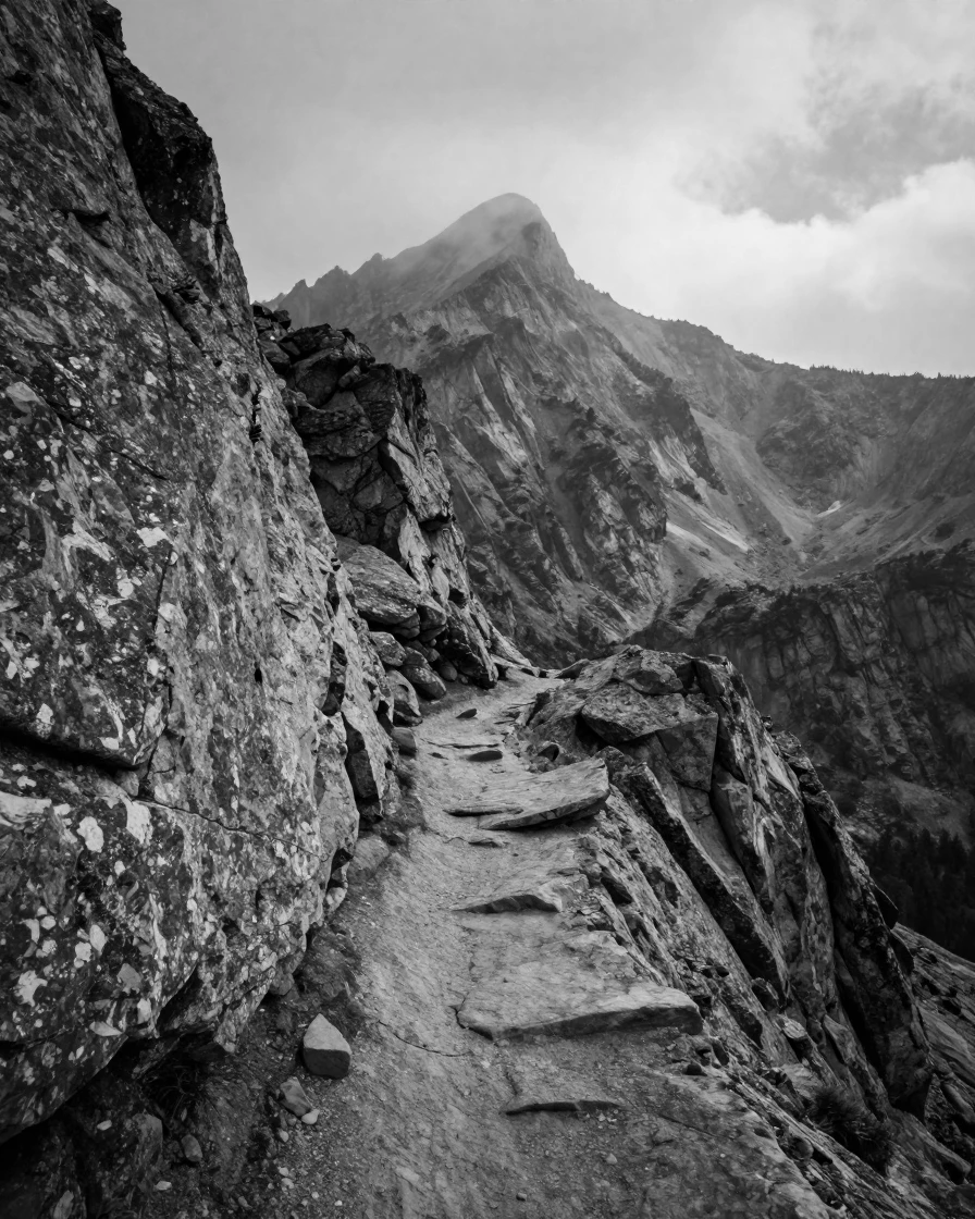 A rugged mountain trail winds upward through jagged rock formations toward a distant mountain summit.