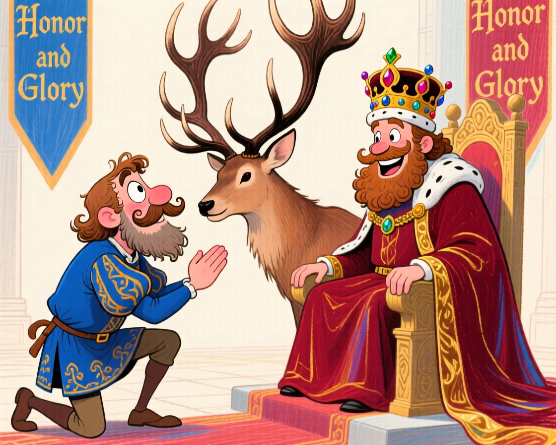 A royal huntsman kneeling respectfully as he presents a trophy stag to his king.