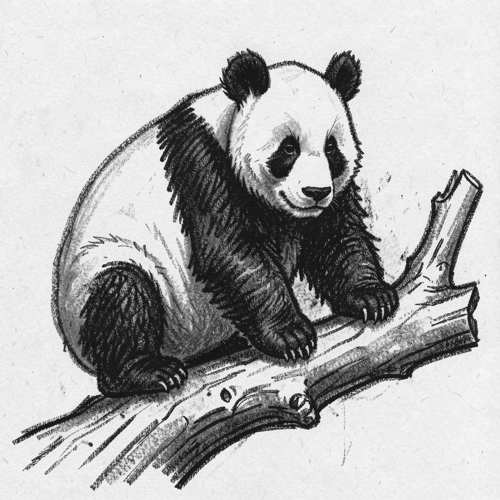 A giant panda perched on a weathered tree branch.