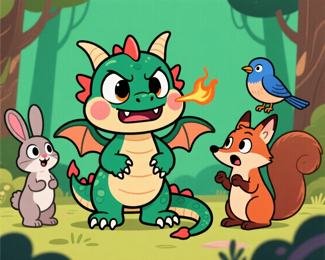 A charming animal moment featuring a fierce baby dragon puffing up proudly to look twice its size, surrounded by curious onlooking animals.