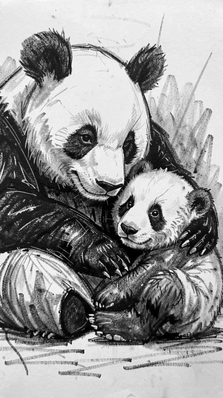 A giant panda grooming its young with gentle care.