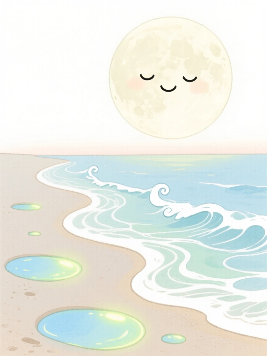 A serene landscape of a moonlit beach with gentle waves and glowing tide pools in soft morning light