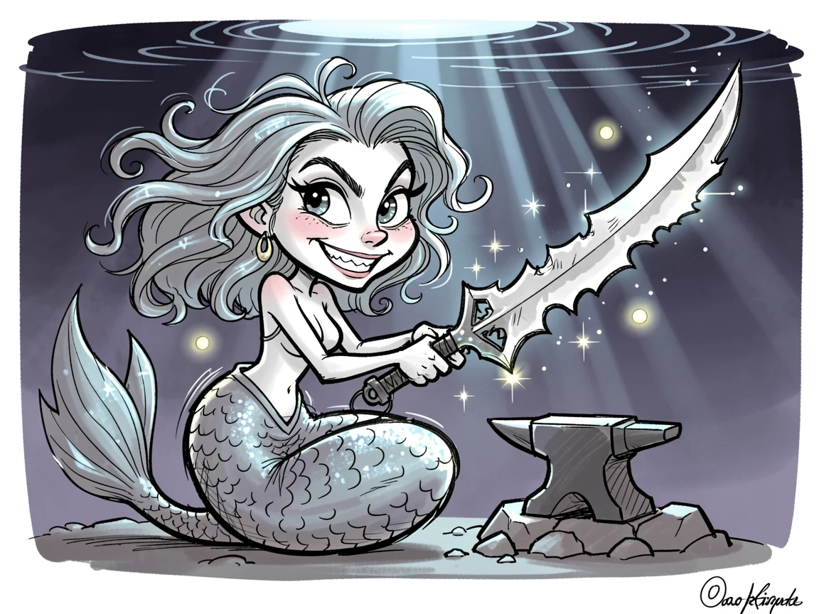 [Fantasy & Imaginative Scenarios] Imaginative fantasy scene of a mischievous moonlit mermaid forging a legendary enchanted blade, brimming with wonder