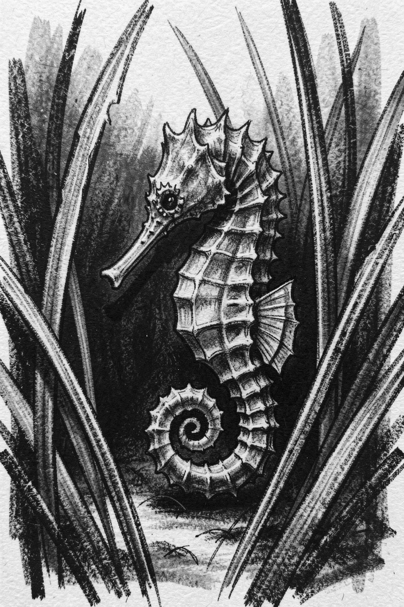 A seahorse hunting quietly through tall reeds.