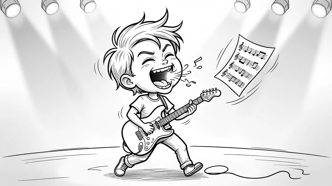 A kid playing air guitar with wild imaginary passion, producing sounds that seem impossible from a human mouth, set on a stage bathed in colorful concert lights. Sheet music flutters slightly from the movement. It captures the pure ecstasy of a performance in full swing.