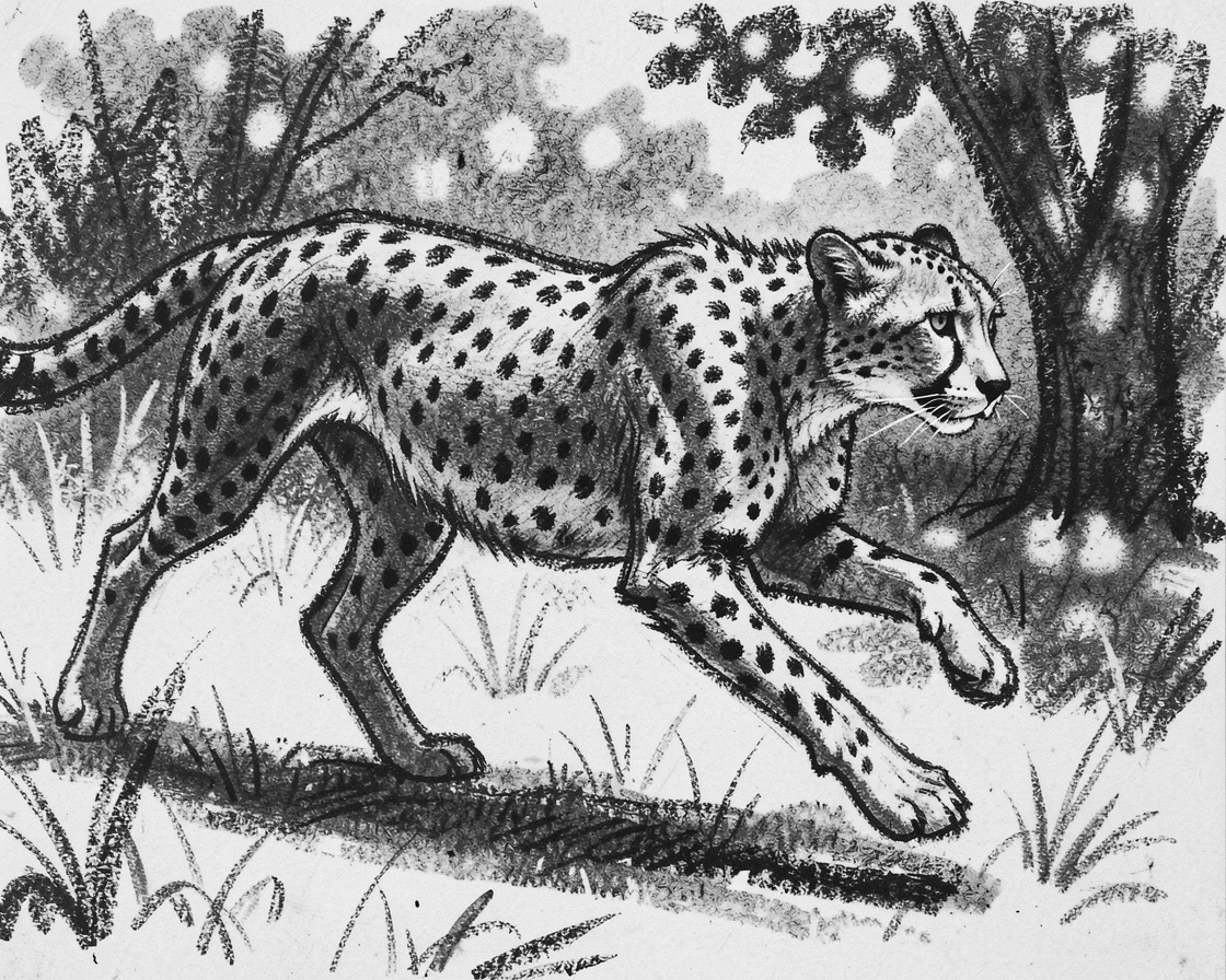 A cheetah mid-sprint playing together in a sun-dappled clearing.