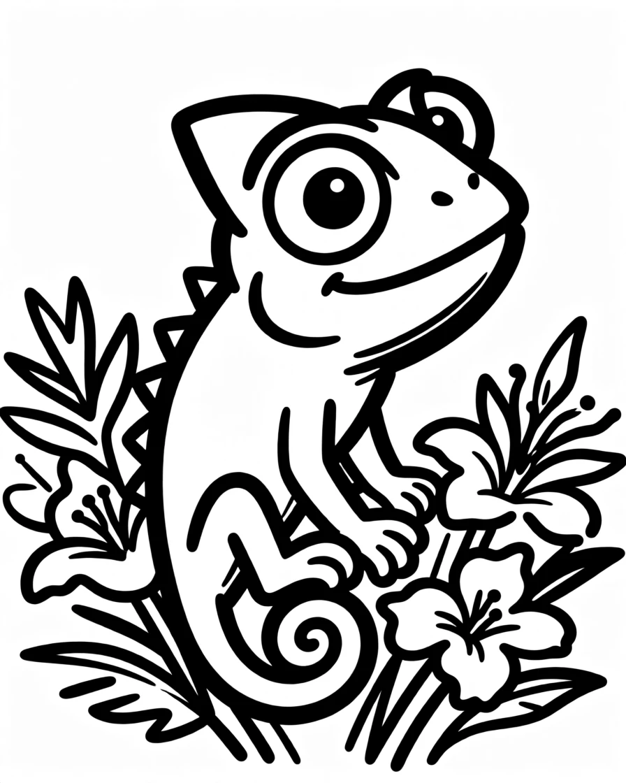 A colorful chameleon perfectly camouflaged among a bouquet of tropical flowers.