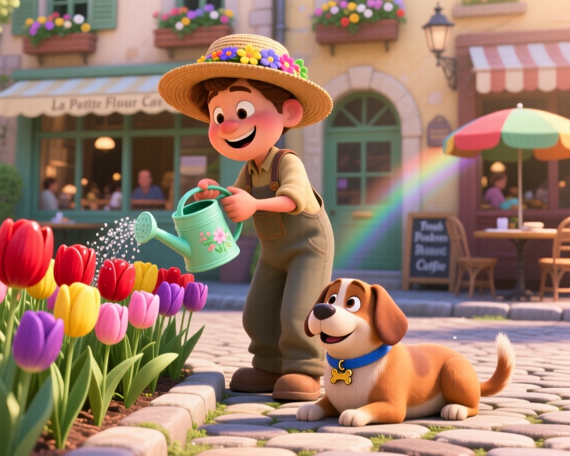 A gardener watering a row of blooming tulips is captured on a quiet cobblestone street lined with cafes, with a friendly dog resting nearby. A quiet, wholesome charm lingers over the moment.