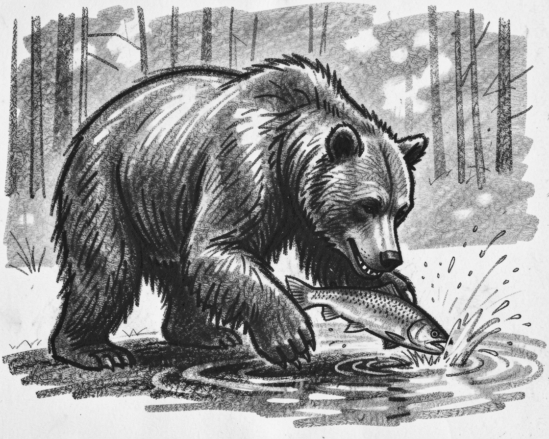 A grizzly bear catching salmon playing together in a sun-dappled clearing.
