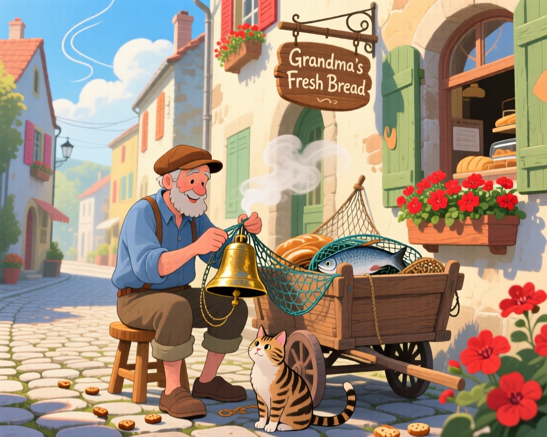 In a cobblestone village street, a fisherman mending his nets is busy polishing an old brass bell, with the smell of fresh bread drifting through the air.