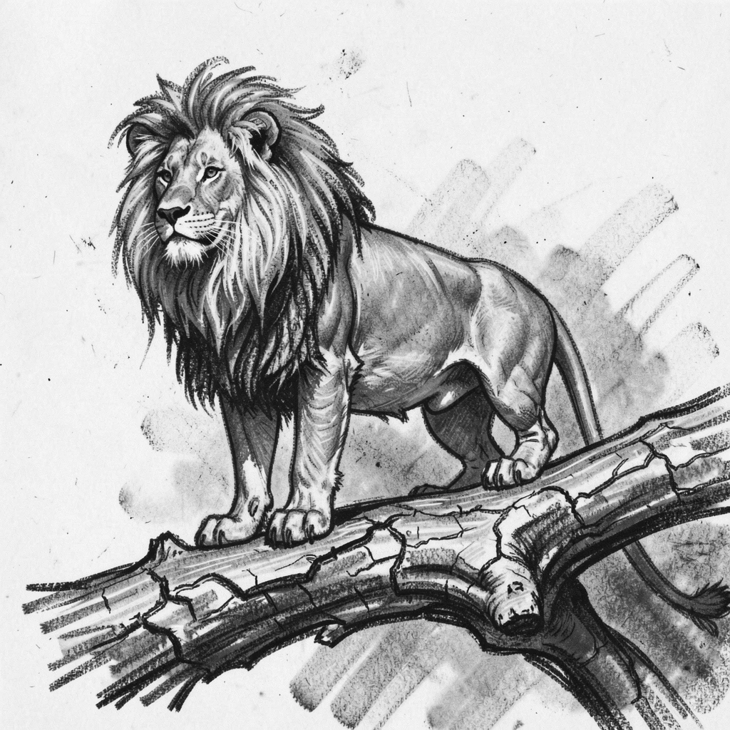 A majestic lion perched on a weathered tree branch.