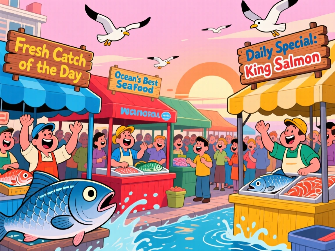 A fish market with vendors calling out the morning's fresh catch.