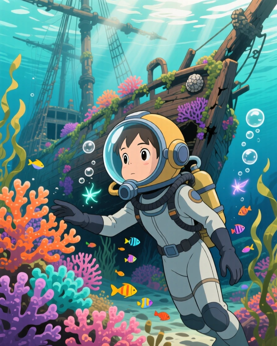 A diver discovering a sunken ship covered in coral, the moment quietly triumphant.