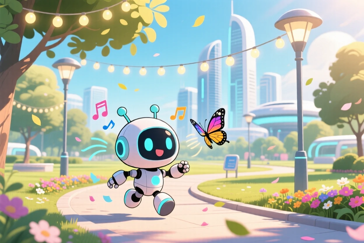 Wide establishing shot: a tiny robot companion, beeping happily while chasing a butterfly, set against a sunlit futuristic park during a light summer breeze, with glowing string lights and a mood of gentle surprise.