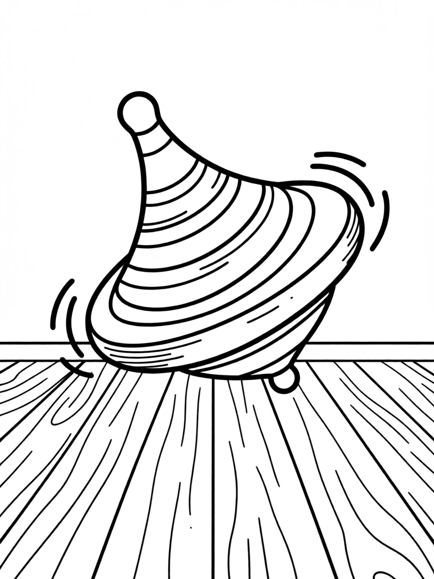 A spinning top twirling colorfully on a wooden floor