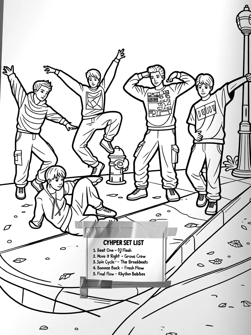 A group of dancers battling it out in a street cypher, with a set list taped to the floor nearby.