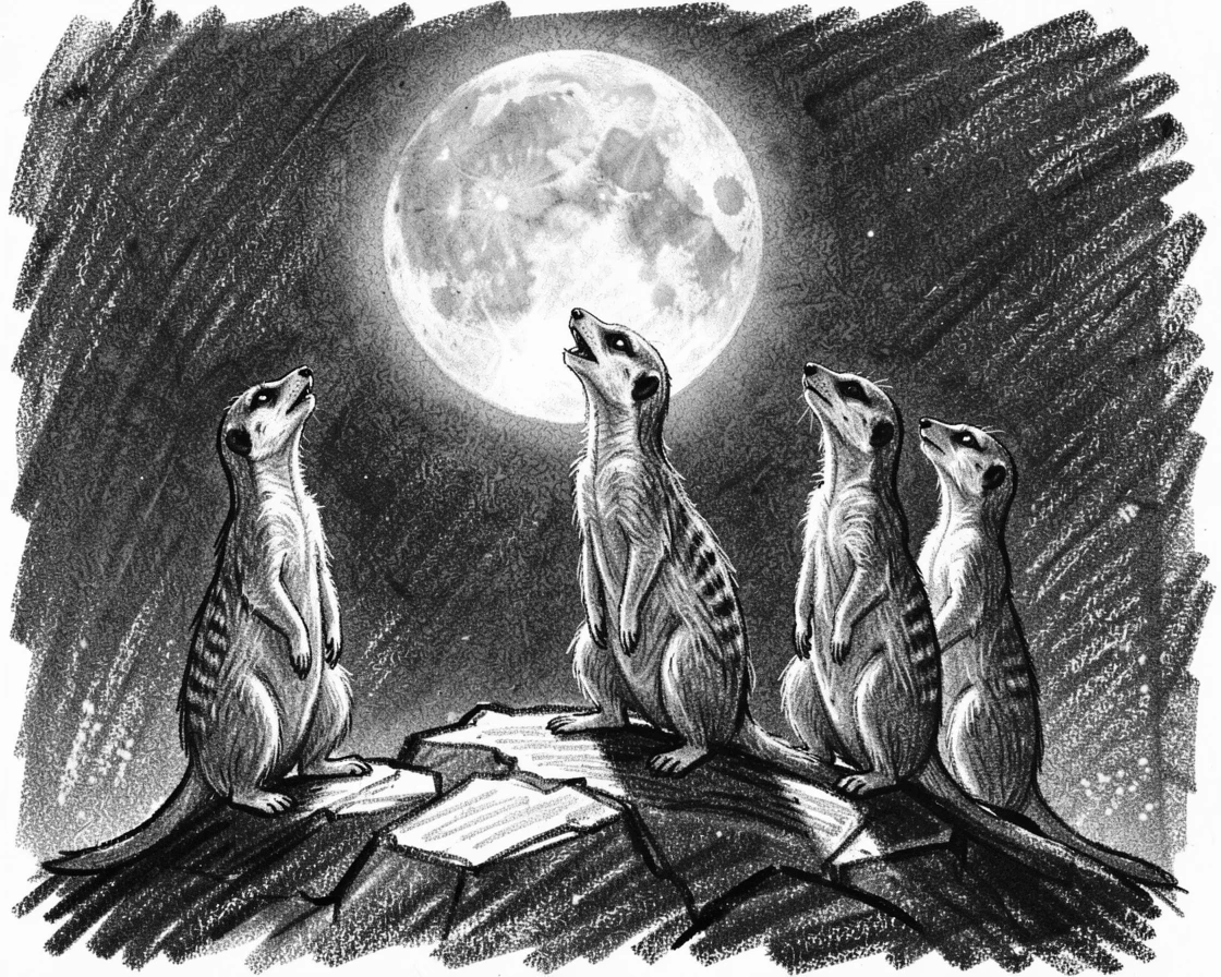 A meerkat family standing alert howling at a full moon.