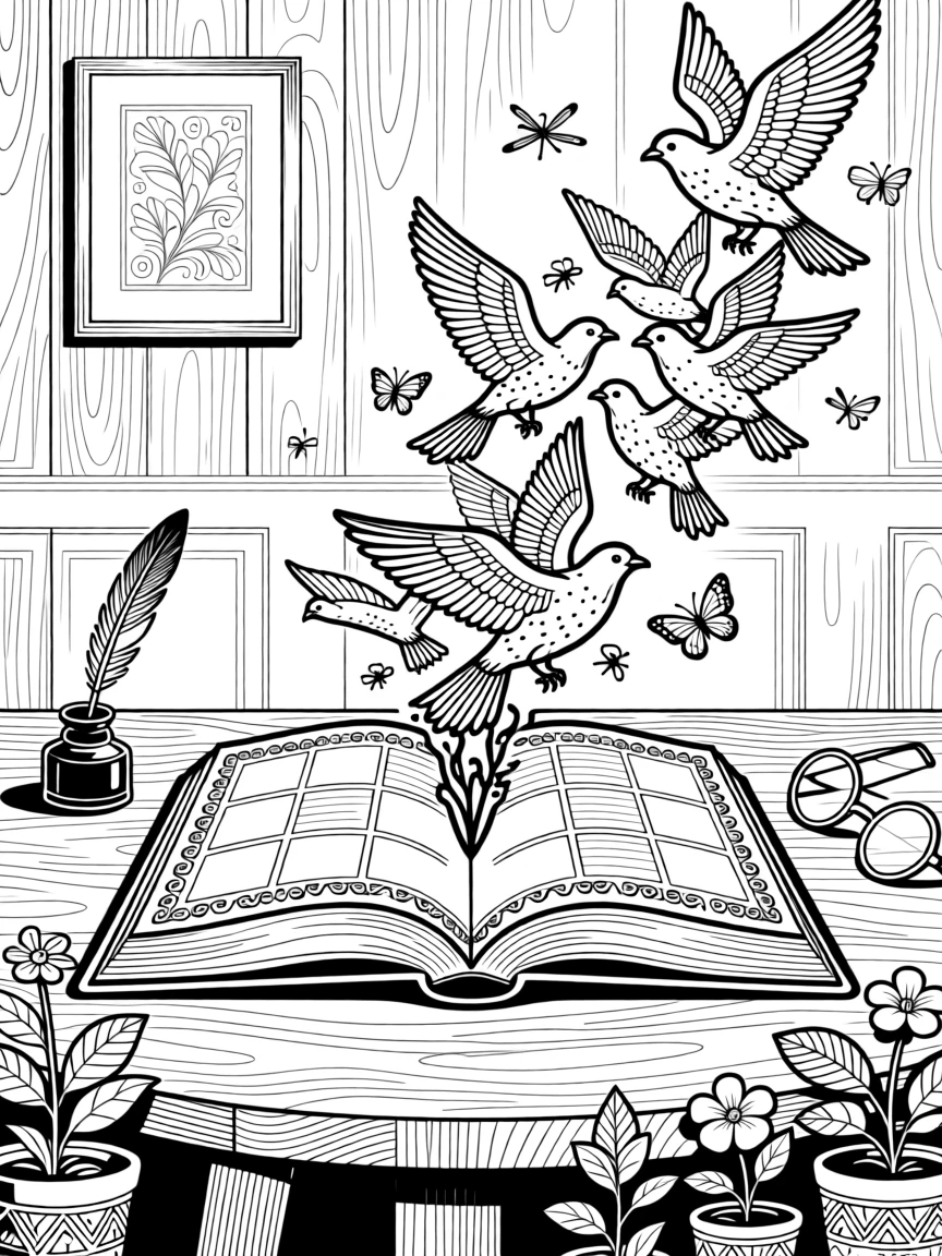 An open book with pages transforming into a flock of flying birds.