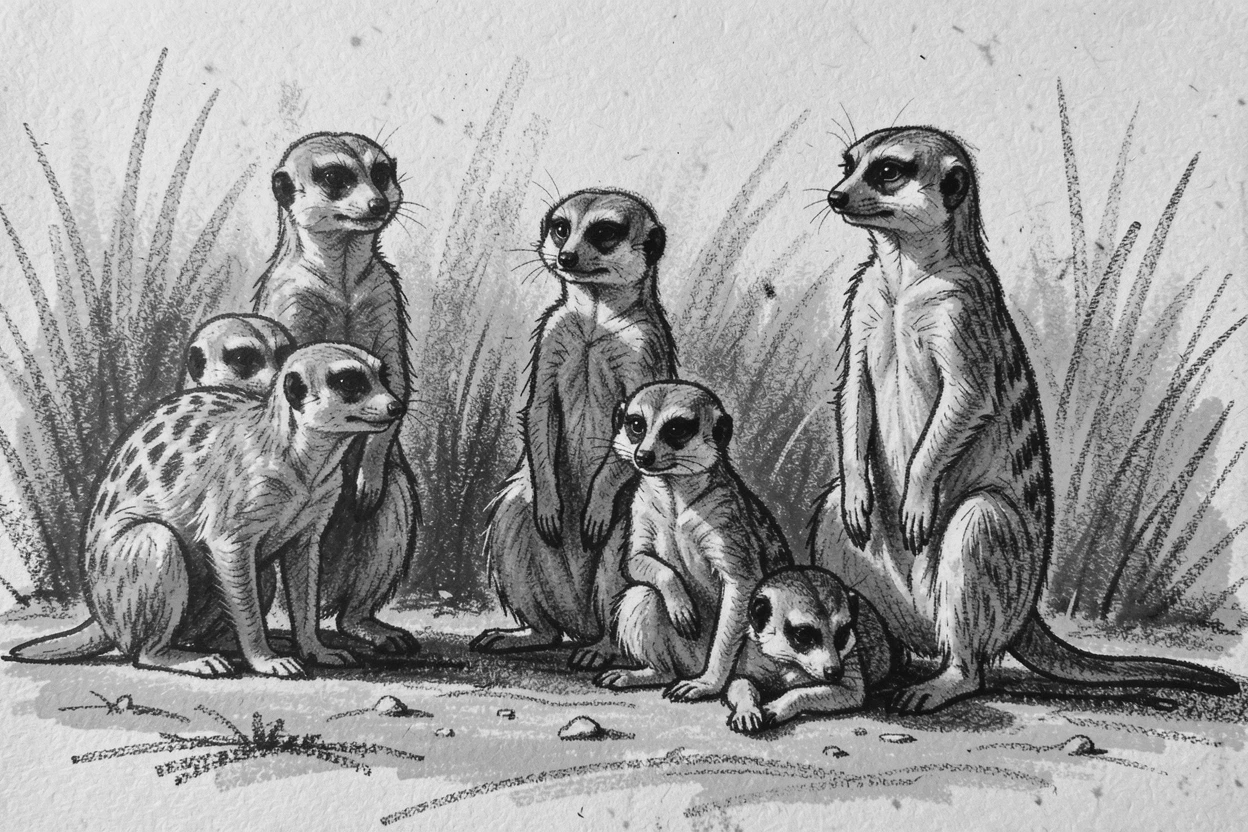 A meerkat family standing alert resting peacefully in golden afternoon light.