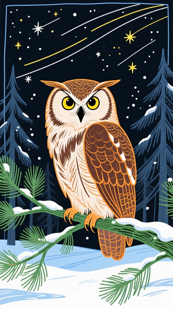 A wise old owl playing in a snowy pine forest under a clear starry sky.