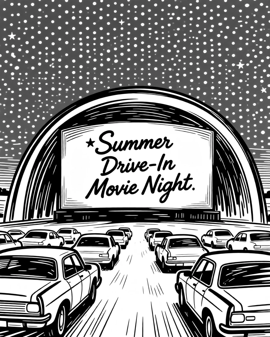 A summer drive-in movie night under a starry sky.