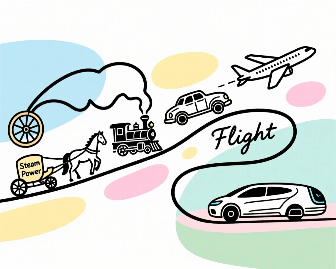 A timeline scene showing the evolution of transportation through history.