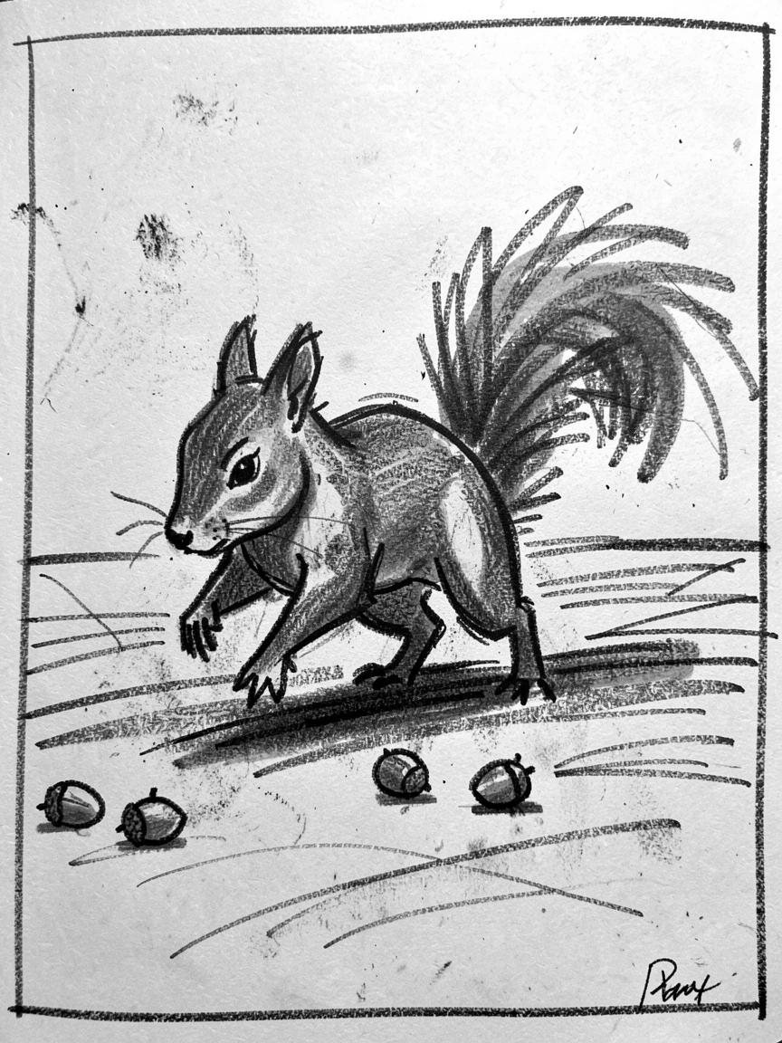 A squirrel gathering acorns running freely across an open plain.