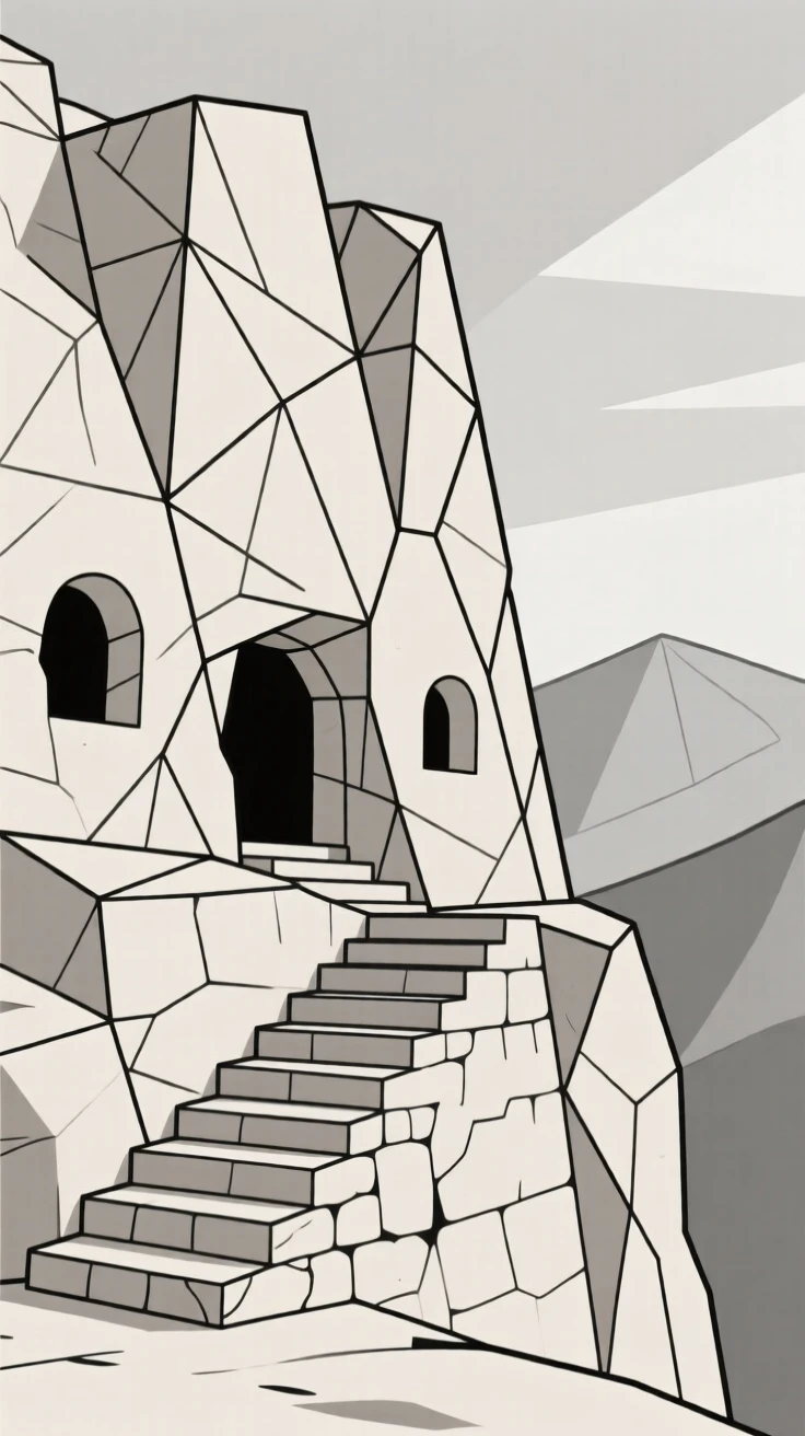 A cliffside cave monastery with carved stone steps