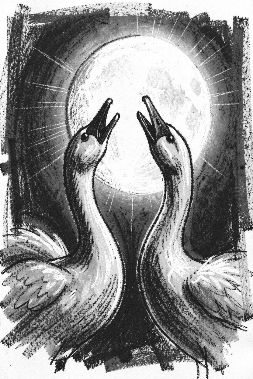 A pair of swans howling at a full moon.