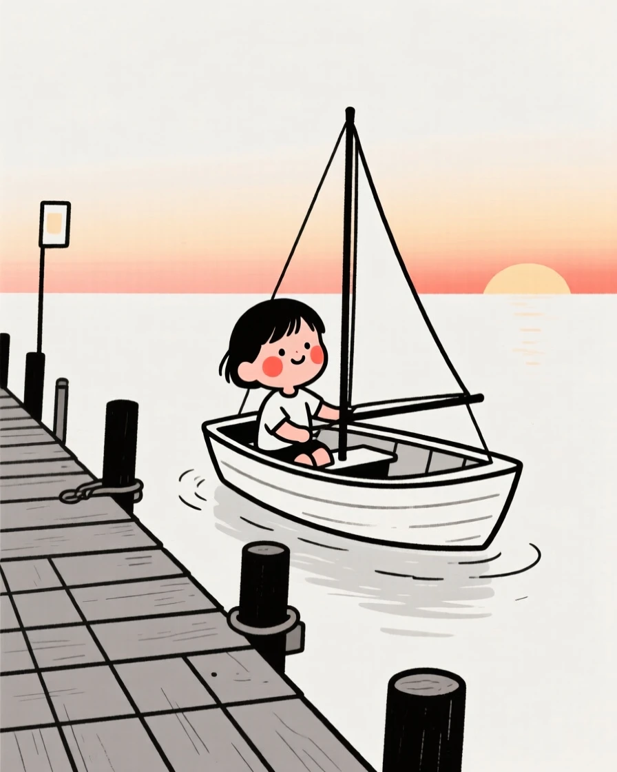 A small child sailing a small boat at dusk, on a wooden fishing pier.