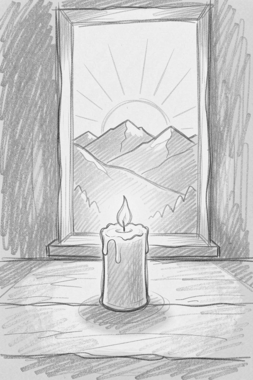A single candle glowing in a dark, quiet room, as the sun rises over distant mountains, offering a feeling of quiet gratitude.