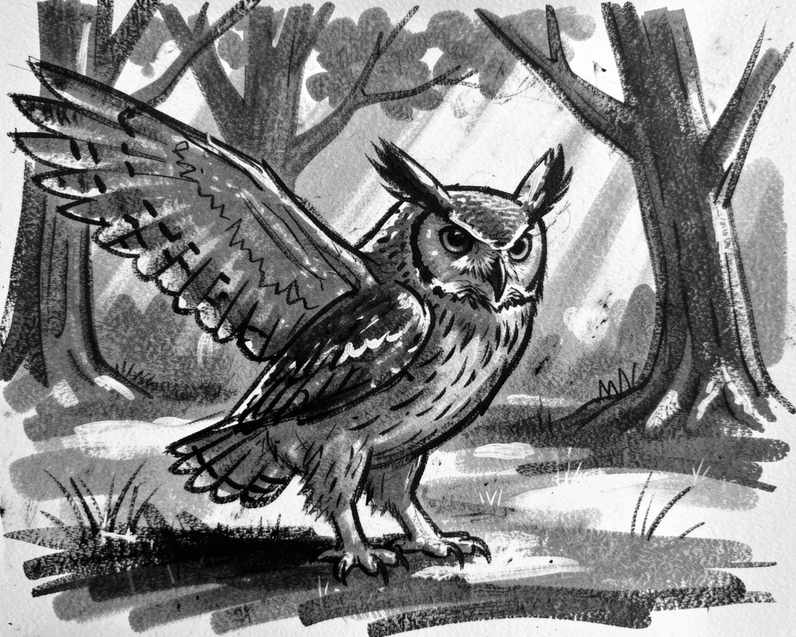 A great horned owl playing together in a sun-dappled clearing.
