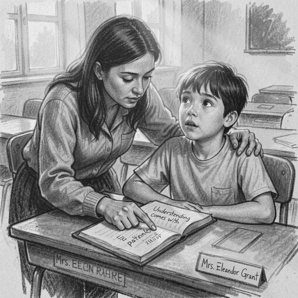 A teacher helping a struggling student finally understand, as golden afternoon sun spills across the scene.