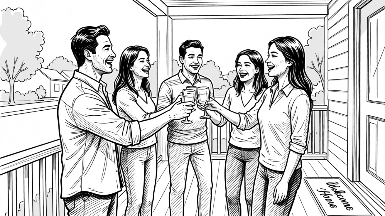 A joyful celebration of a new home with friends gathered on the porch.