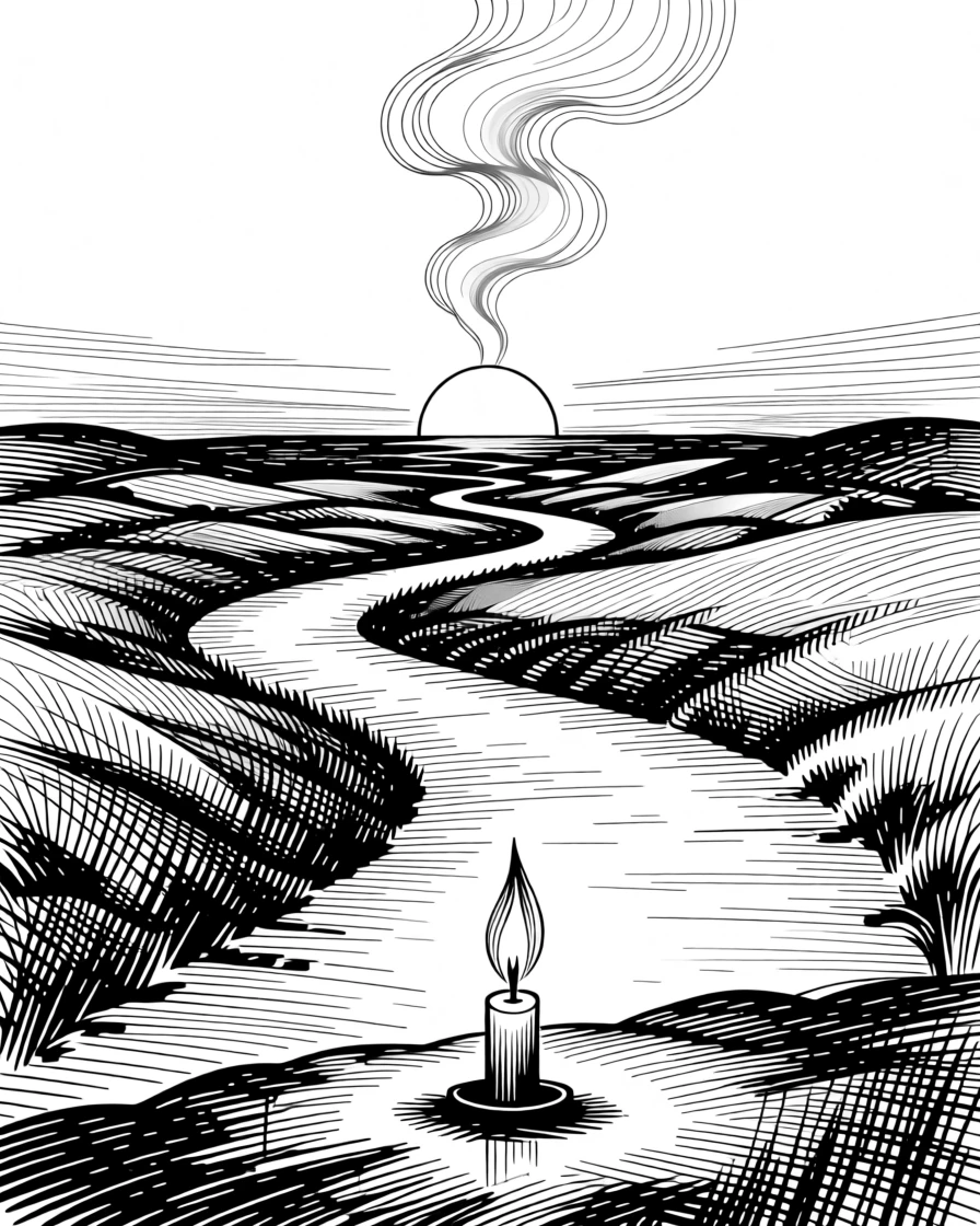 A path winding toward a distant sunrise as steam rises slowly into the still air, with a candle flickering steadily nearby, evoking a warmly comforting sense of calm.