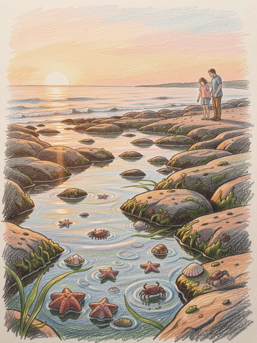 A quiet coastal tide pool exploration at golden hour, with a gentle play of light and shadow across the composition, celebrating a moment people would love to revisit.