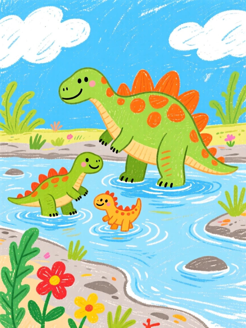 A Stegosaurus family wading through a shallow prehistoric river.