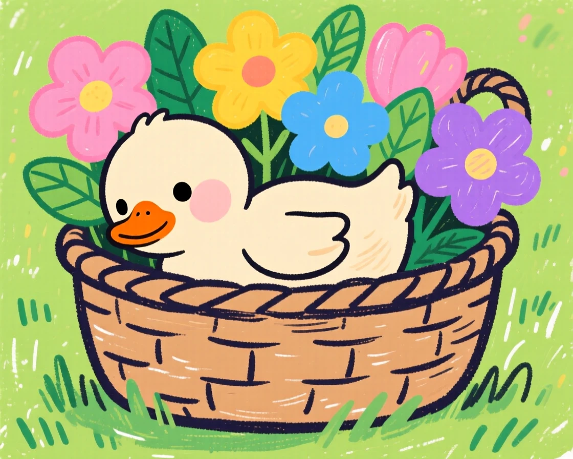 A fluffy duckling napping in a basket of soft flowers.