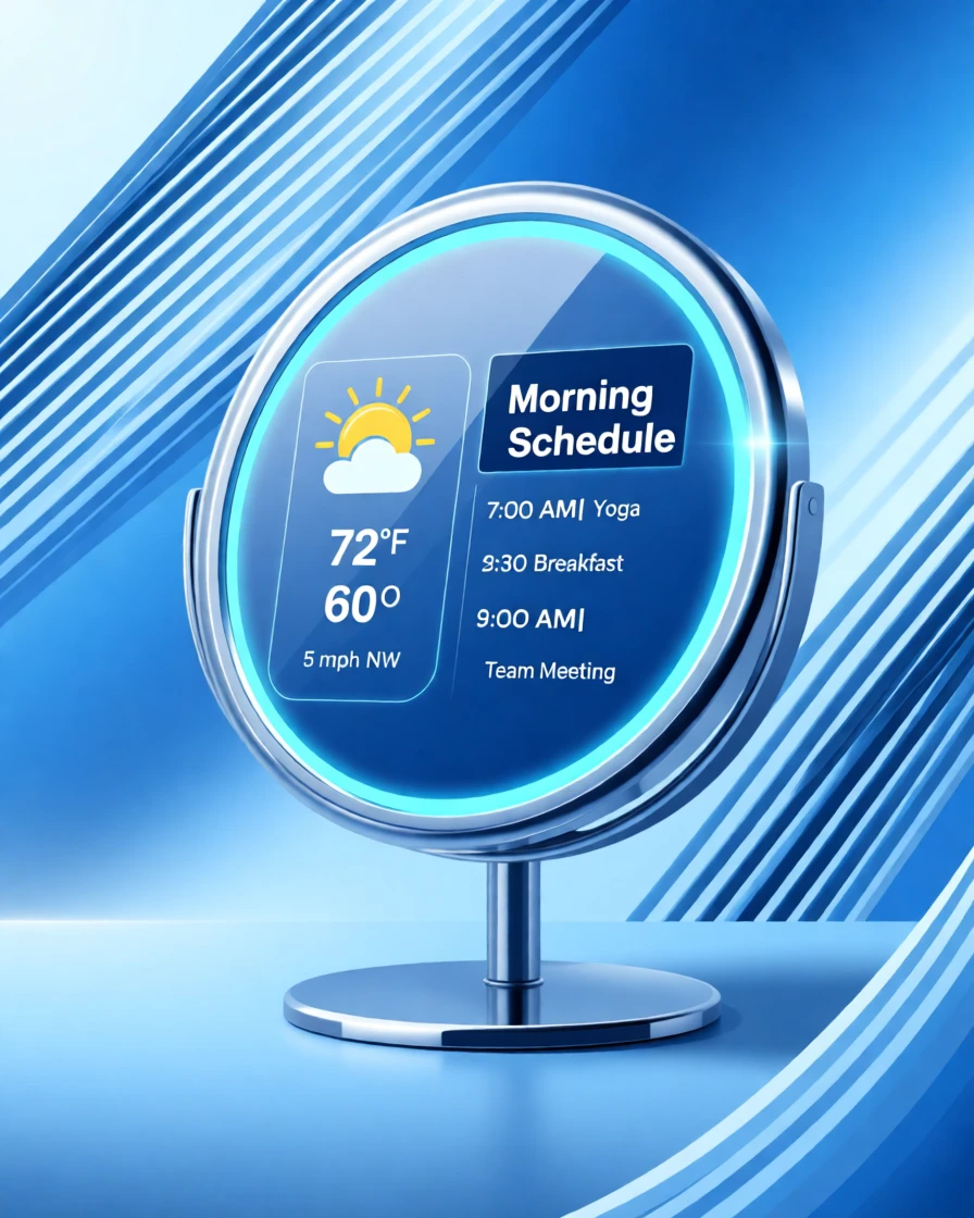 A smart mirror displaying the weather and morning schedule, set against a backdrop of soft ambient blue light, composed with dynamic diagonal lines suggesting motion, with sleek metallic textures catching soft light.