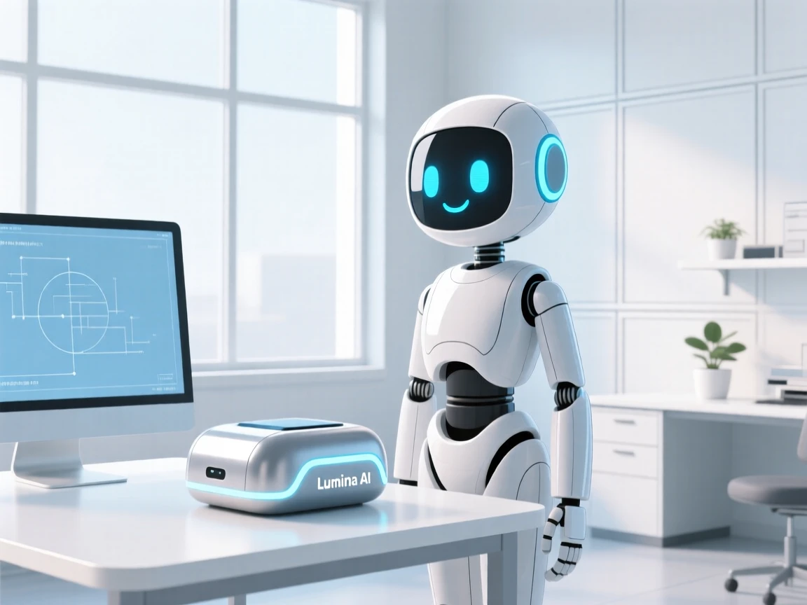 A friendly AI assistant launching a prototype in a bright research lab.