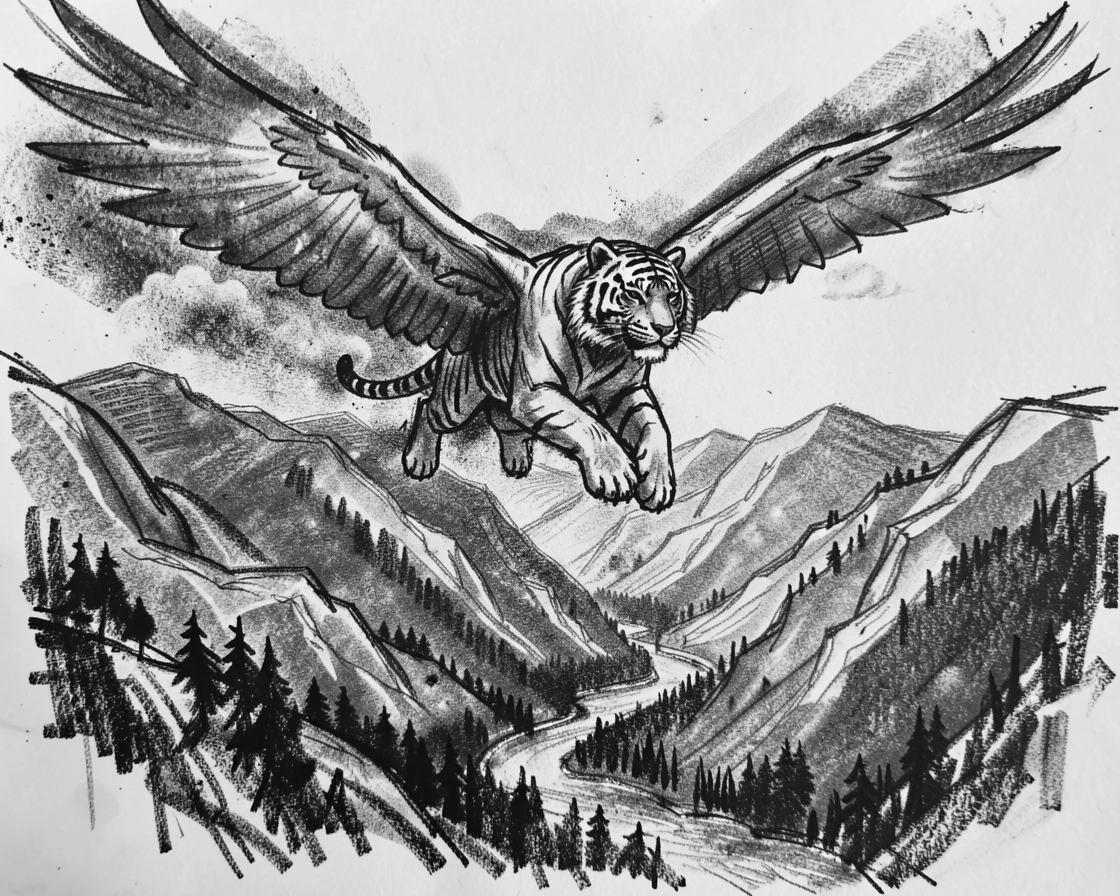 A tiger soaring high above a mountain valley.