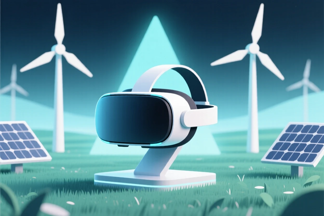 A view of virtual reality headset setup operating within a renewable energy field, near soft ambient lighting, evoking futuristic optimism.