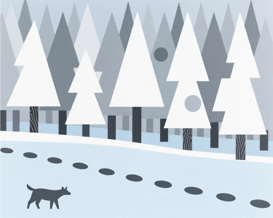 A snowy forest with animal tracks in fresh snow