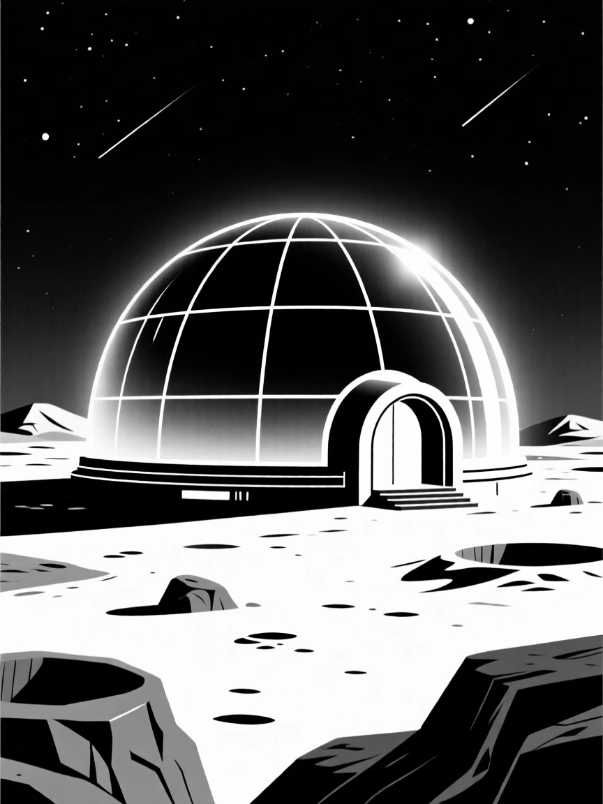 A colony dome glowing on a distant planet's surface.