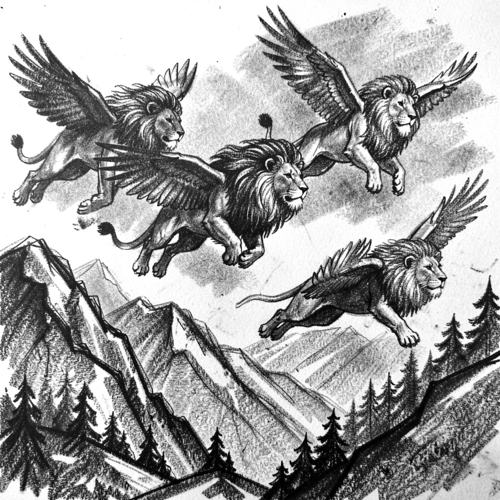 A pride of lions soaring high above a mountain valley.