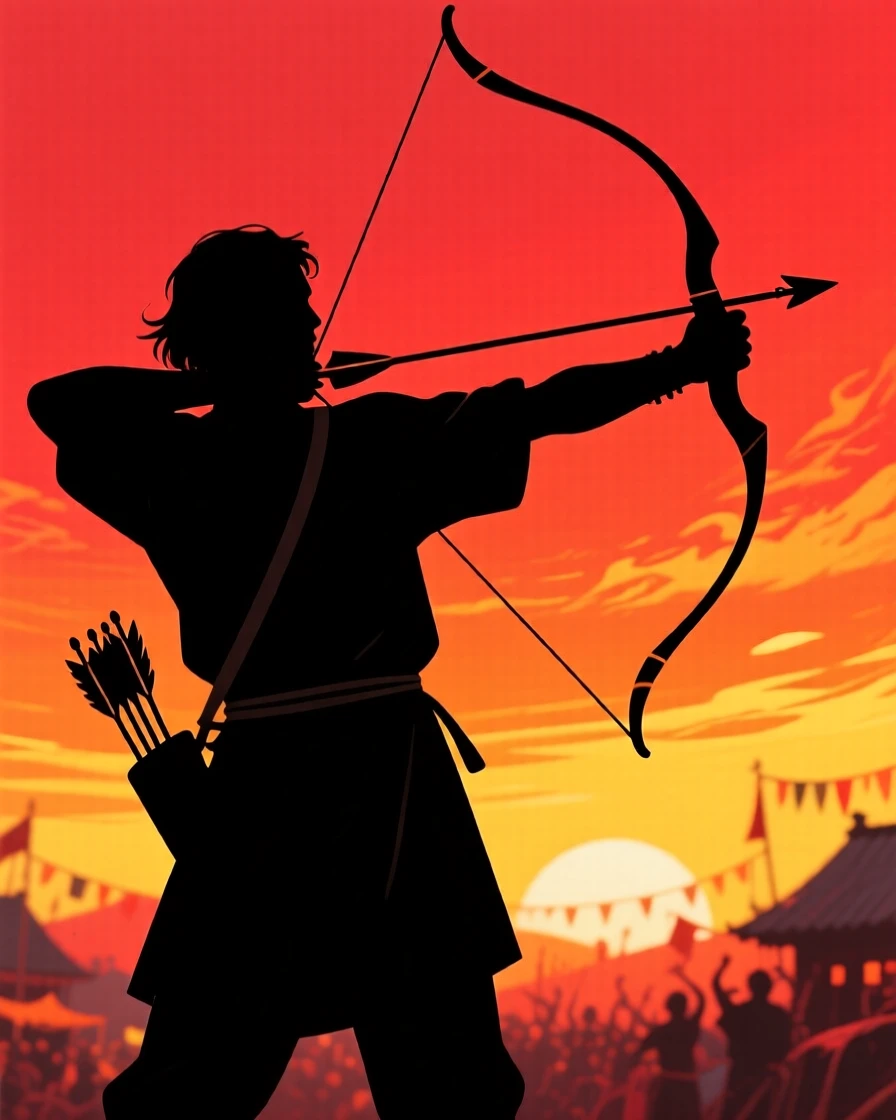 A traditional archer competing at a village festival celebration.