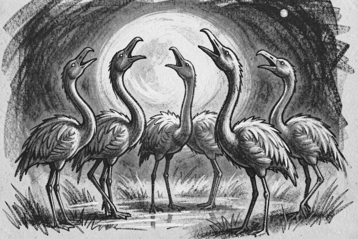 A flock of flamingos howling at a full moon.