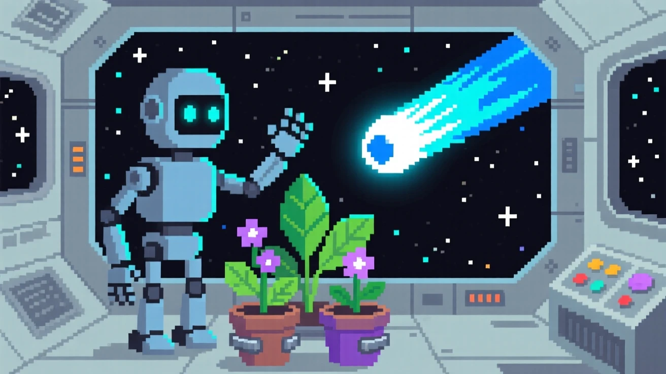 A robotic gardener tending space plants waving at a passing comet, aboard a small spacecraft drifting through the stars.