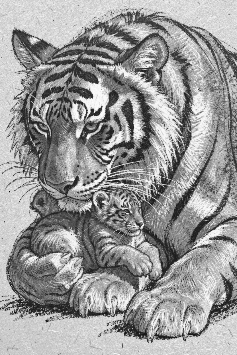 A tiger grooming its young with gentle care.
